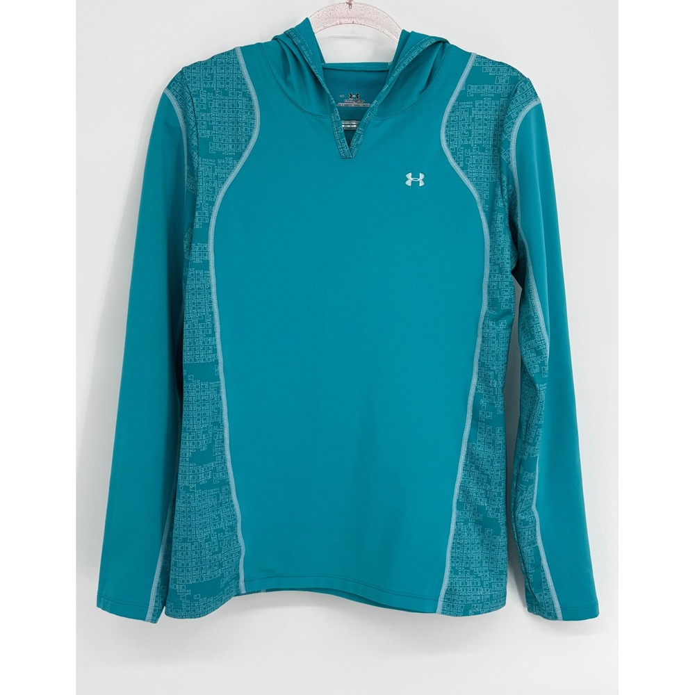 Under Armour ColdGear Womens Teal Geometric‎ Panel Hooded Long Sleeve Top Sz L